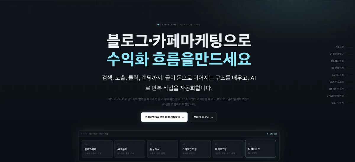 애드버코더AI 실제 홈페이지 화면